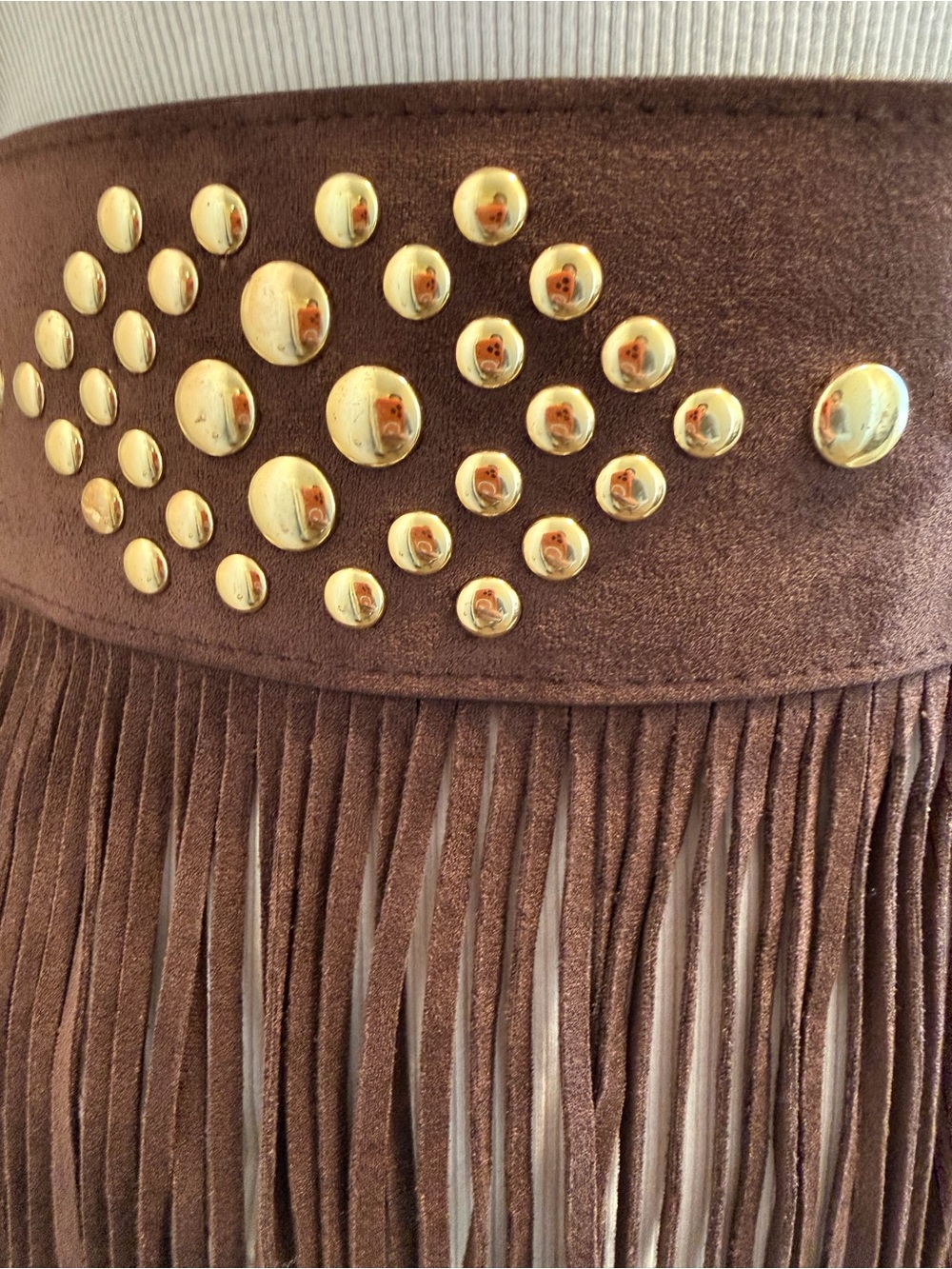 House of Harlow 1960 Brown Fringe Waist Belt with Gold Studs - Size L - NEW - Picture 3 of 4